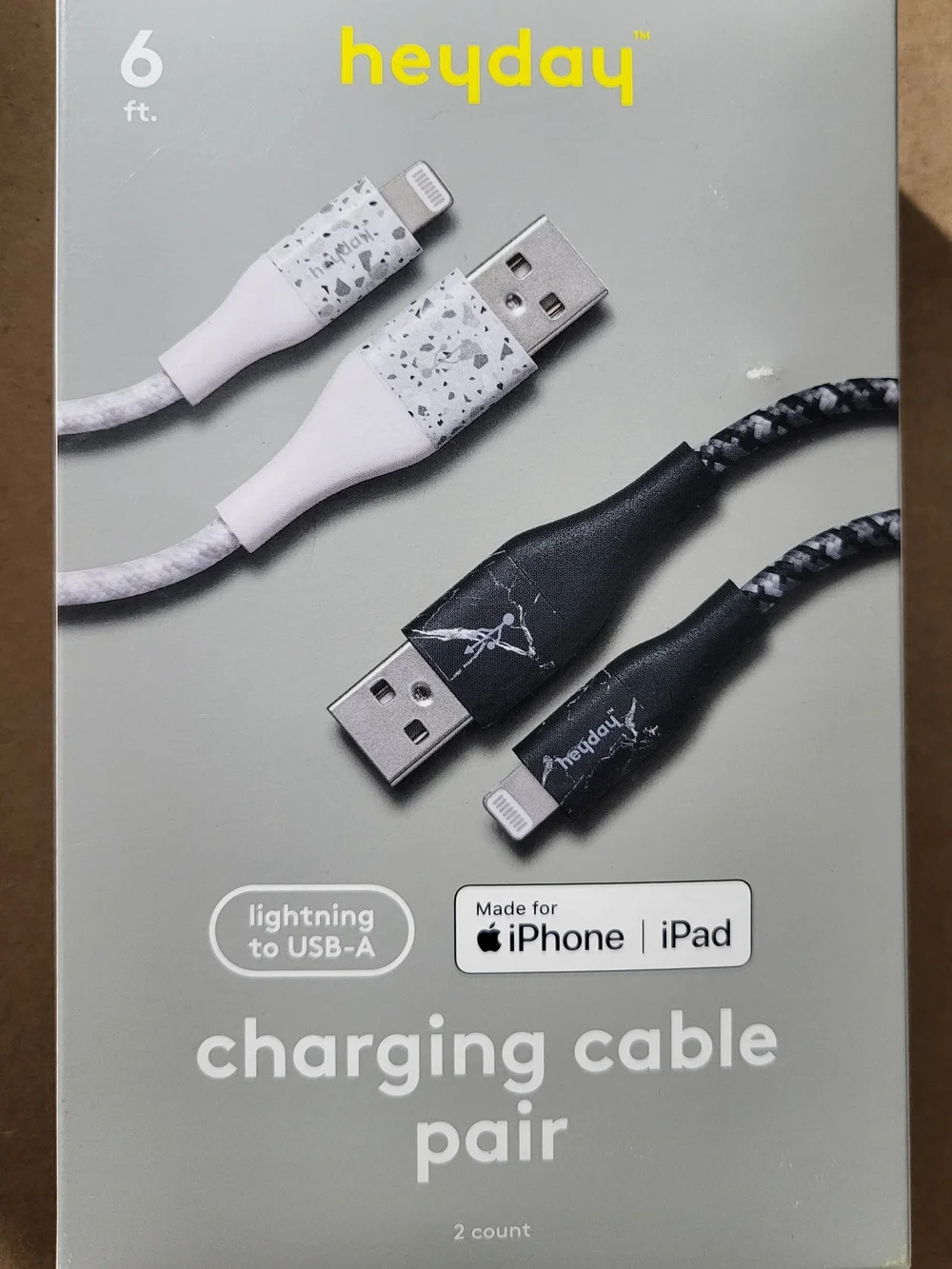 heyday Lightning to USB-A Charging Cable Pair - White Speckle & Black Braided